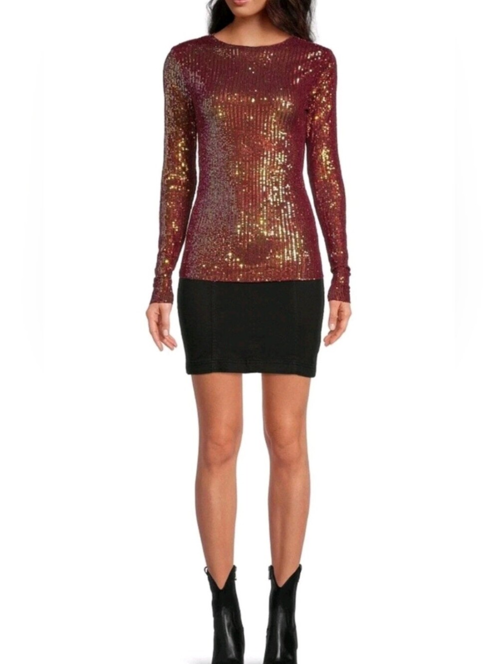 FREE PEOPLE NWT Wine Combo "Gold Rush" Long Sleeve Sequin Mesh Blouse Size Small